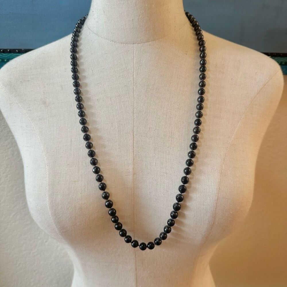 Long black grey beaded necklace